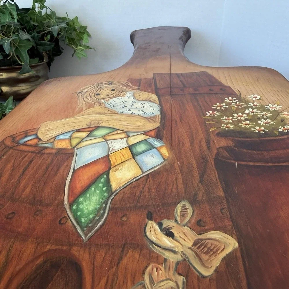 Hand-Painted Wood Large Cutting Board Folk Art Girl‎ & Mouse Vintage 1971
